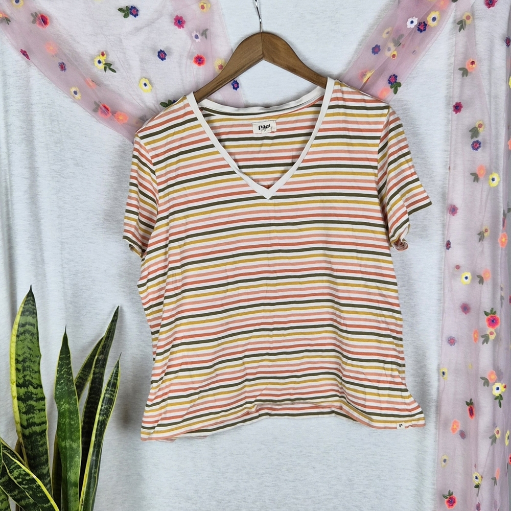 Pact Striped Cropped Tee Organic Cotton V Neck Size XL